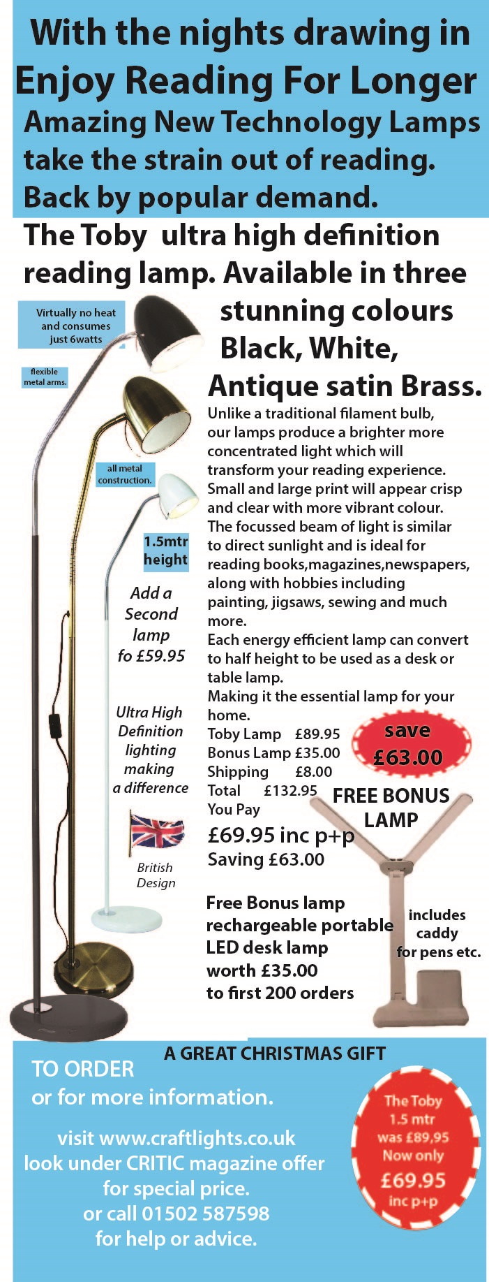 CRITIC MAGAZINE EXCLUSIVE OFFER with bonus twin rechargeable lamp.